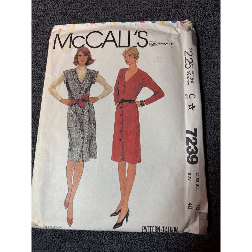McCalls Vintage Sewing Pattern 7239 Misses Dress Size 18 uncut